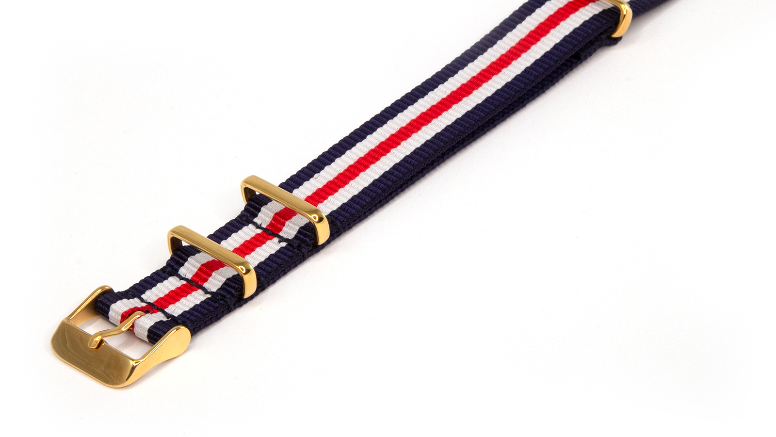 18mm Navy, White and Red NATO strap with gold buckles