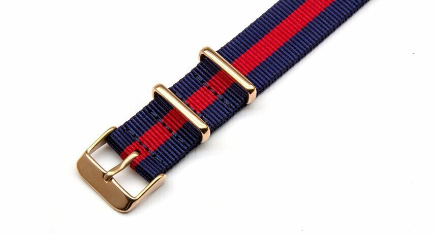 Blue and red NATO strap with rose gold buckles