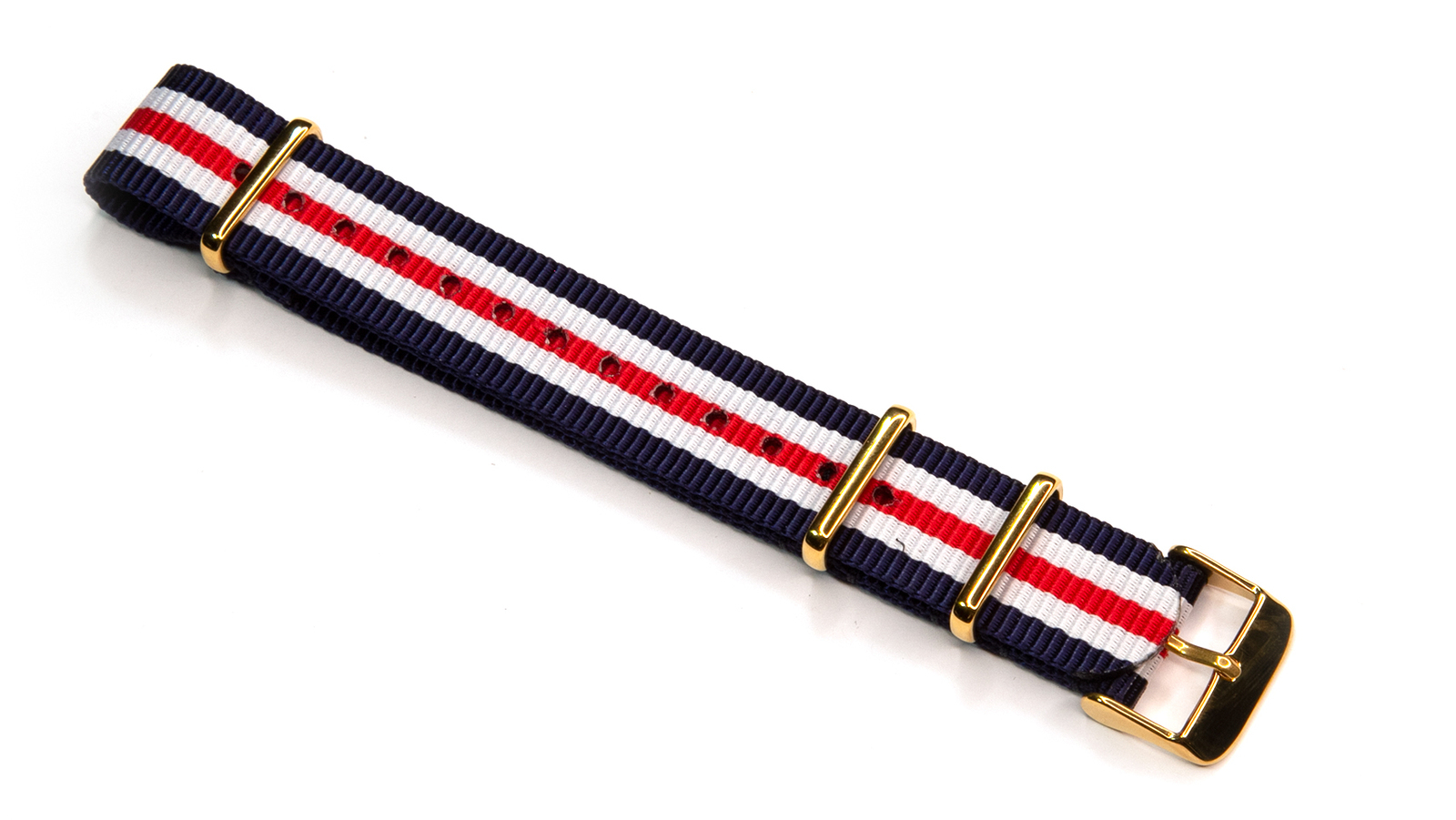 18mm Navy, White and Red NATO strap with gold buckles