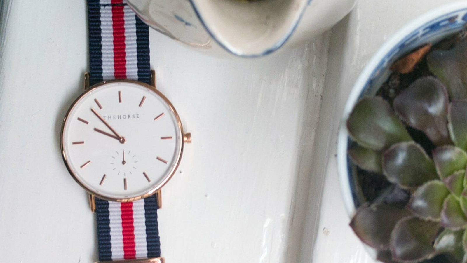 18mm Navy, White and Red NATO strap with gold buckles