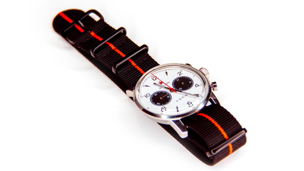 Charcoal Black & Orange NATO strap with black PVD buckles