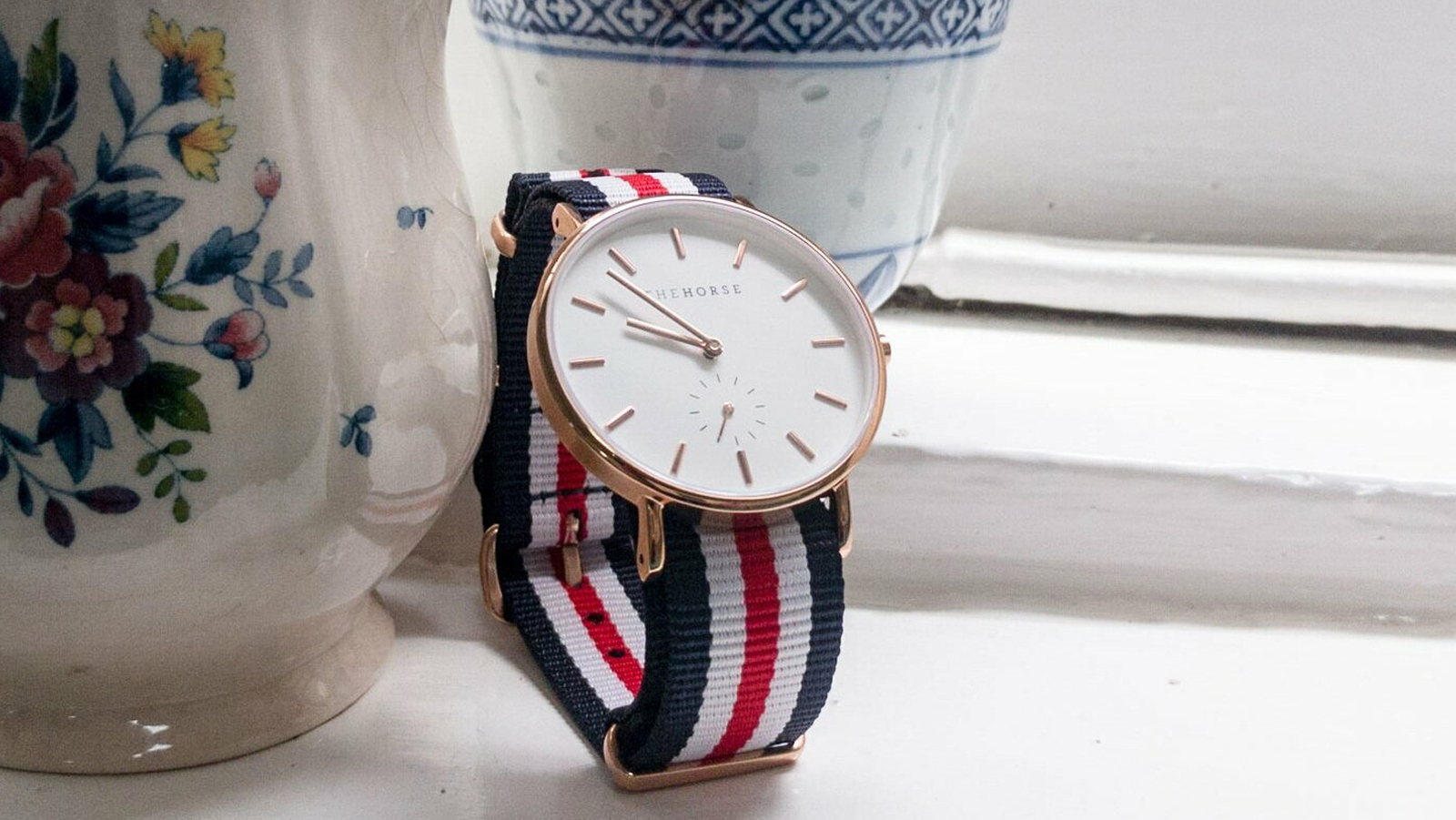 18mm Navy, White and Red NATO strap with gold buckles